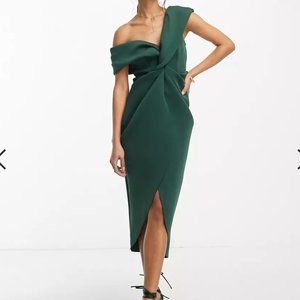 ASOS DESIGN off shoulder twist front midi dress in deep green (Never Worn)